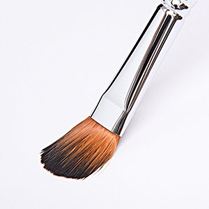 Close-up of a filbert paint brush with synthetic nylon bristles and a silver ferrule against a white background.