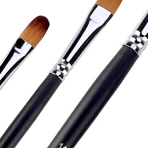 Close-up of three filbert paint brushes with black wooden handles and silver ferrules, showing synthetic nylon bristles.