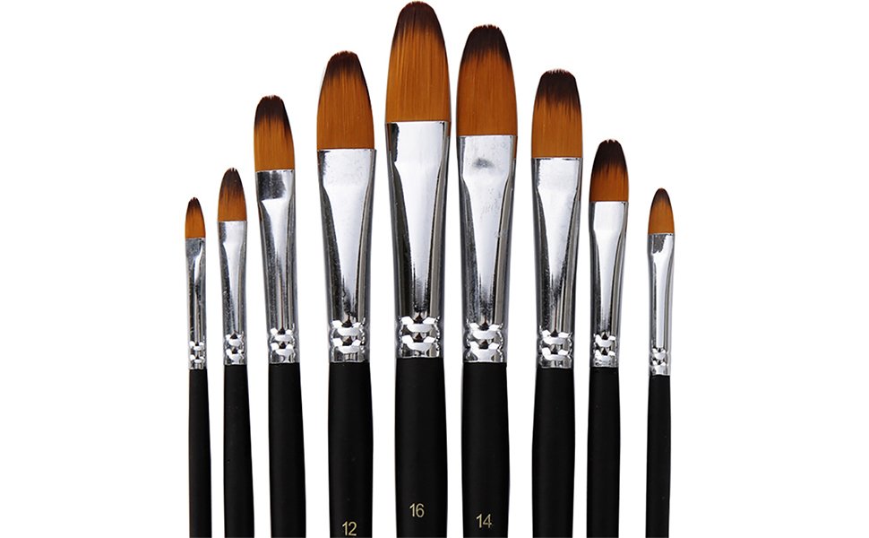Nine filbert paint brushes with black handles and silver ferrules, arranged in a curve against a white background.