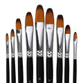 Nine filbert paint brushes with black handles and silver ferrules, showing sizes 12, 16, and 14.
