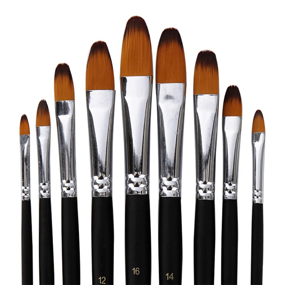 Nine filbert paint brushes with black handles and silver ferrules, showing sizes 12, 16, and 14.