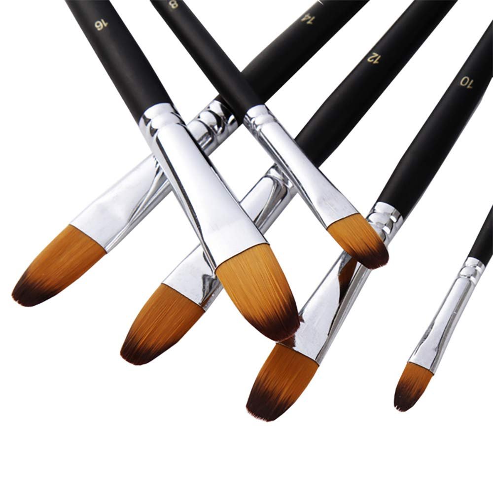 Set of filbert paint brushes with black wooden handles and silver ferrules, showing sizes 16, 14, 12, 10, and 8.