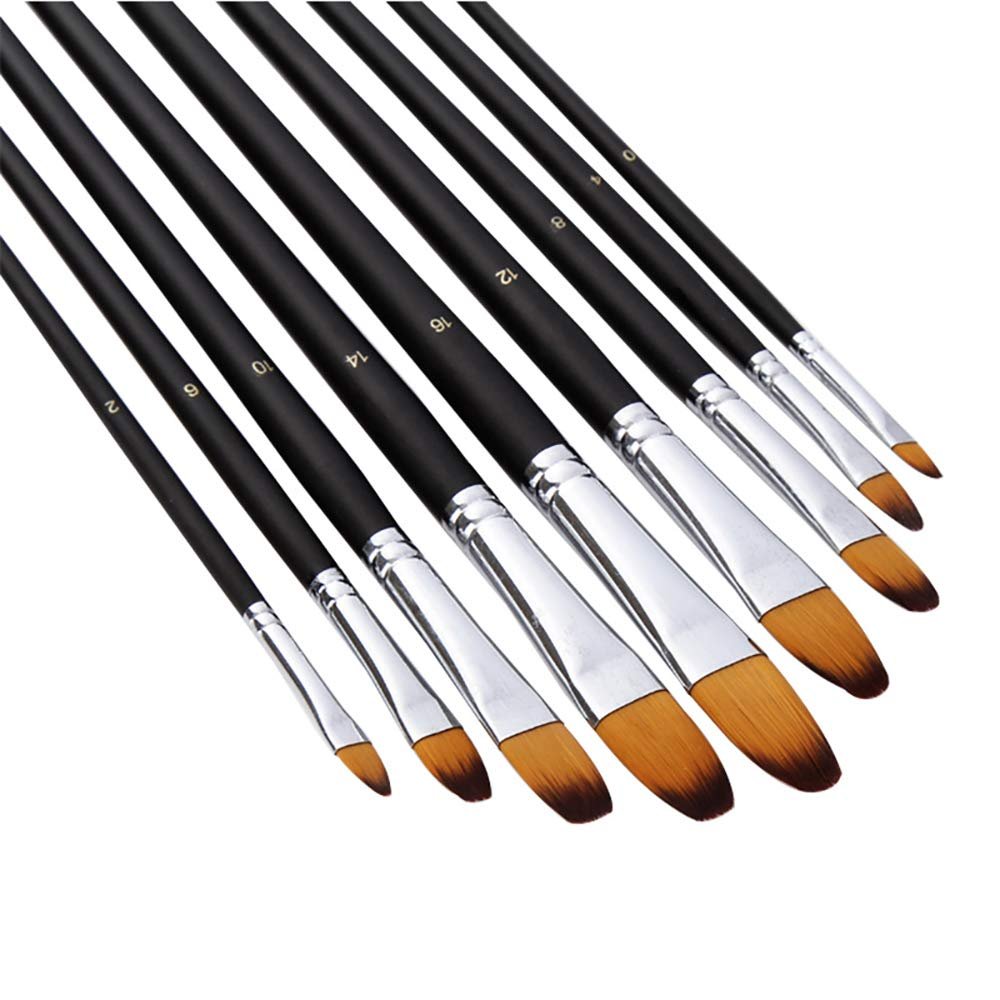 Set of 9 filbert paint brushes with black wooden handles and silver ferrules, sizes 0-16, on a white background.