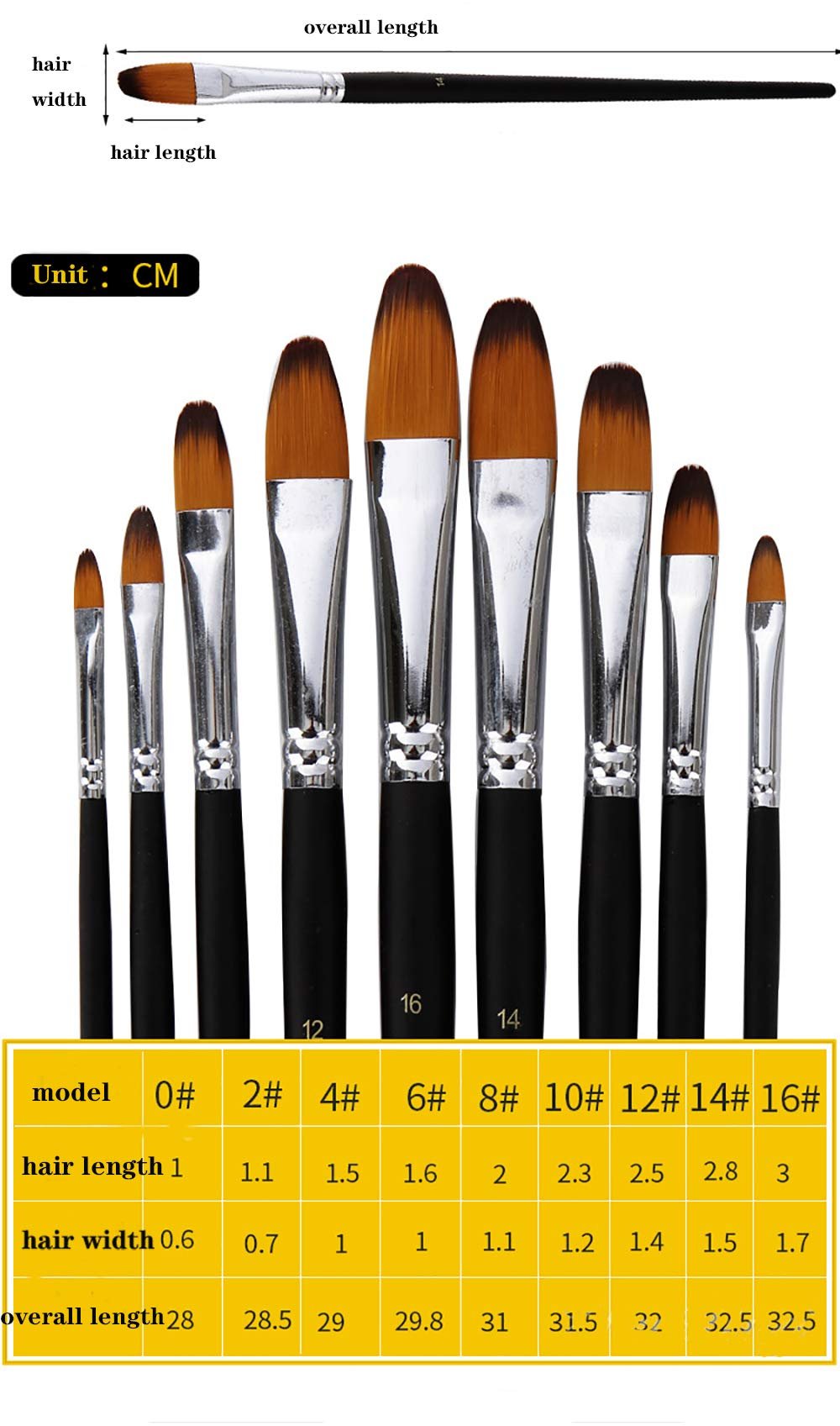Nine filbert paint brushes of varying sizes displayed with a chart showing dimensions and model numbers.