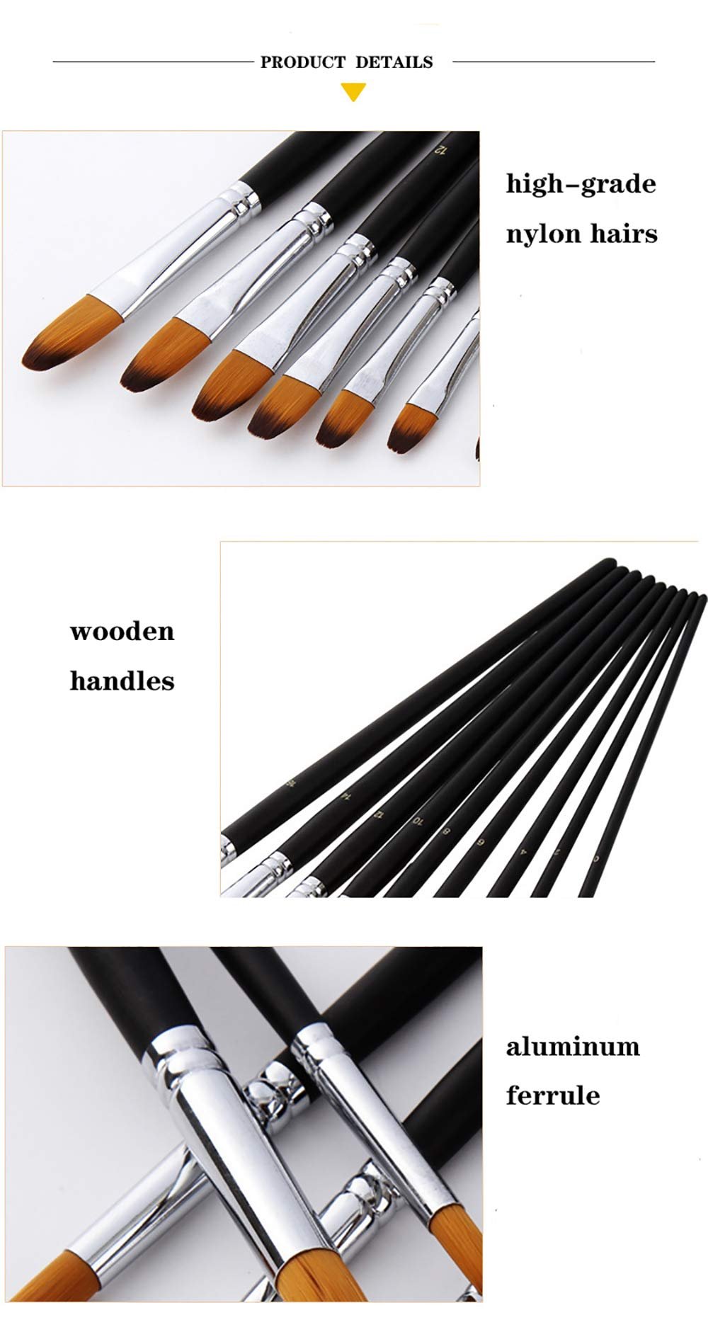 Close-up of a set of filbert paint brushes showing synthetic nylon hairs, black wooden handles, and aluminum ferrules.