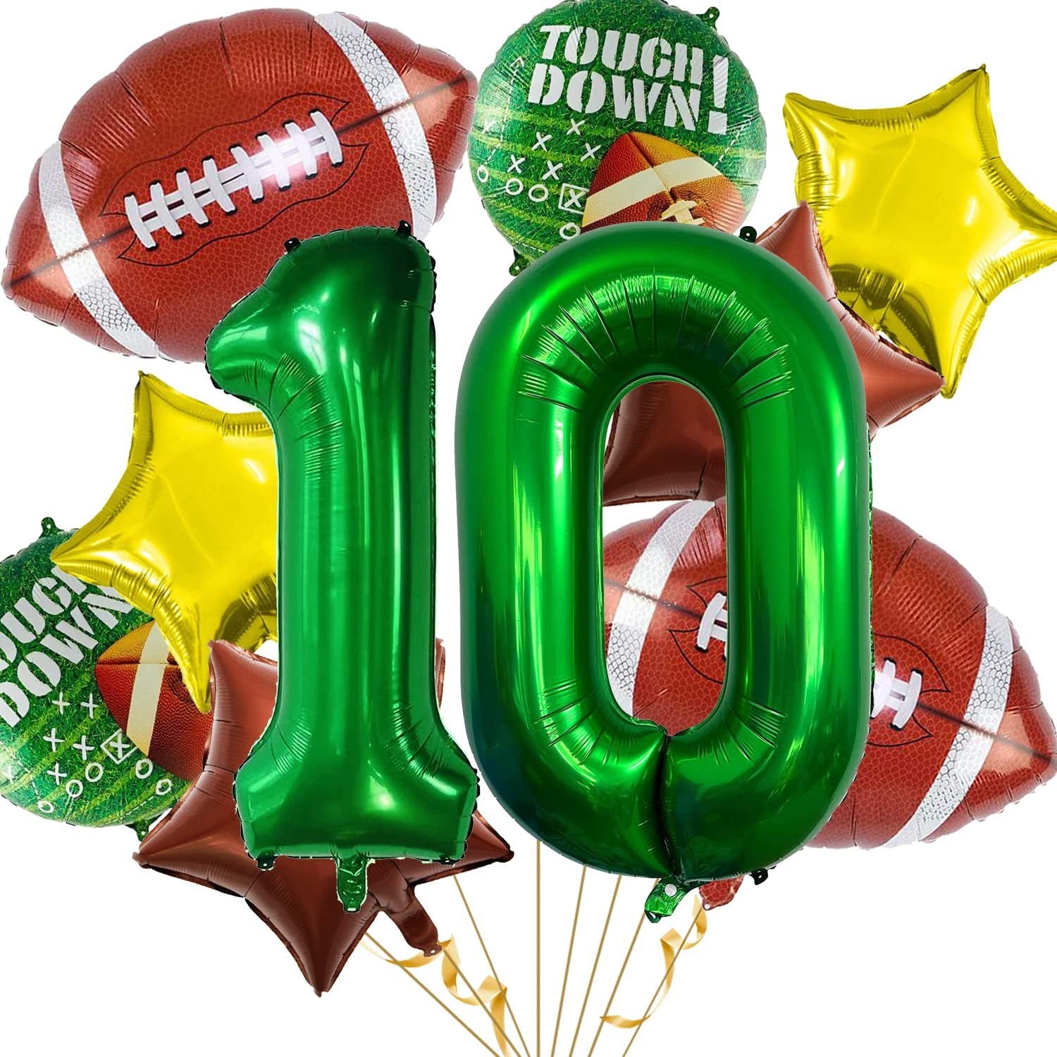 A collection of football-themed balloons including two large green number balloons forming '10', football-shaped balloons, star balloons, and a 'Touch Down!' balloon.