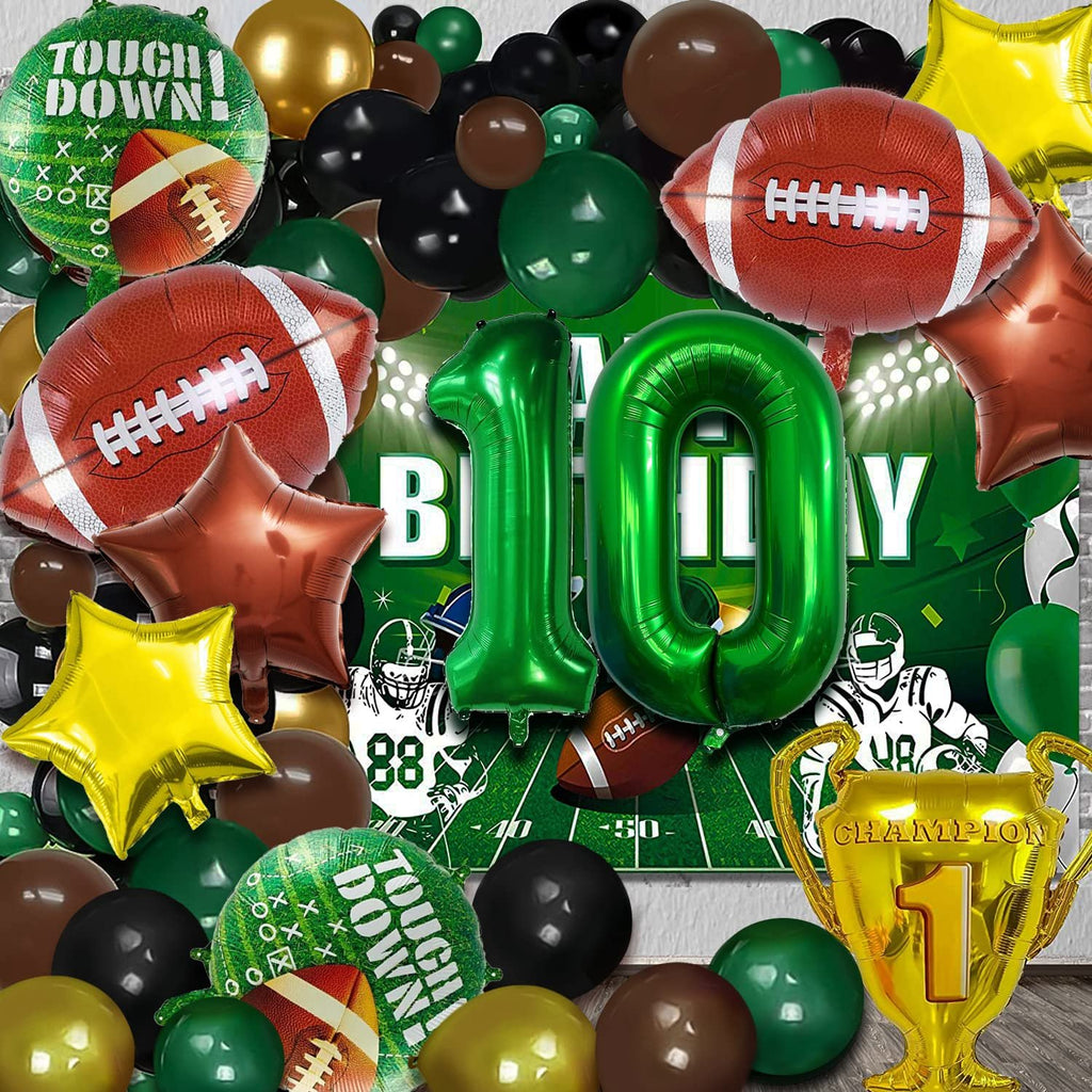 Football themed birthday balloons including footballs, stars, number 10, and a trophy, with a football field backdrop.