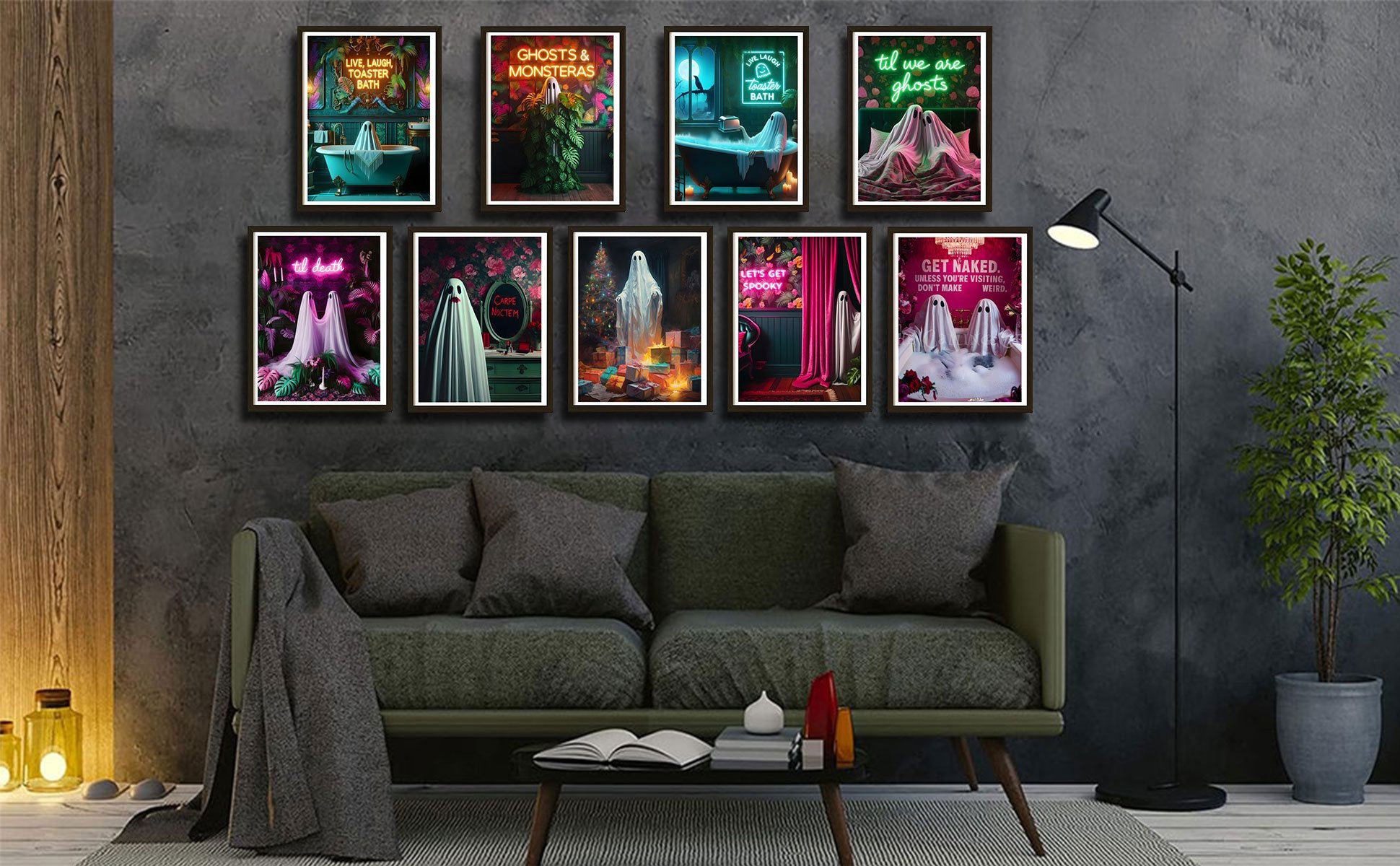 Nine framed Halloween ghost-themed art prints displayed on a wall above a sofa, featuring neon text and gothic romantic scenes.