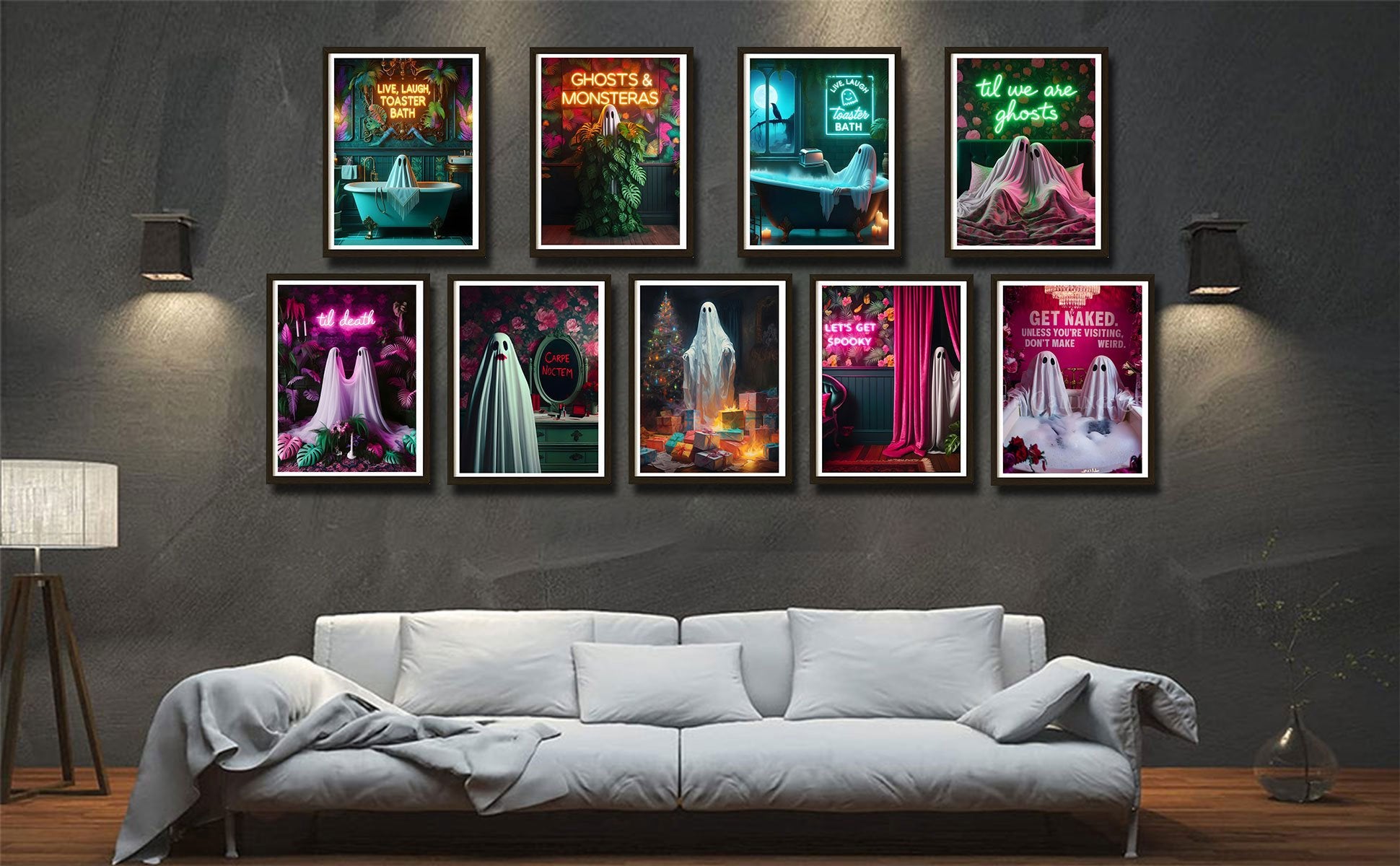 Nine Halloween-themed ghost art prints displayed on a wall above a sofa, featuring neon text and various spooky scenes.
