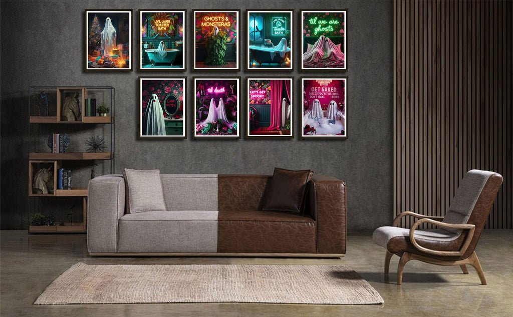 Nine Halloween ghost-themed canvas art prints displayed above a sofa in a modern living room setting.