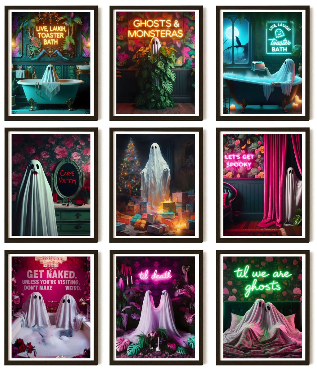 Collage of nine Halloween-themed ghost art prints with neon text and gothic romantic imagery.