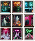 Collage of nine Halloween-themed ghost art prints with neon text and gothic romantic imagery.