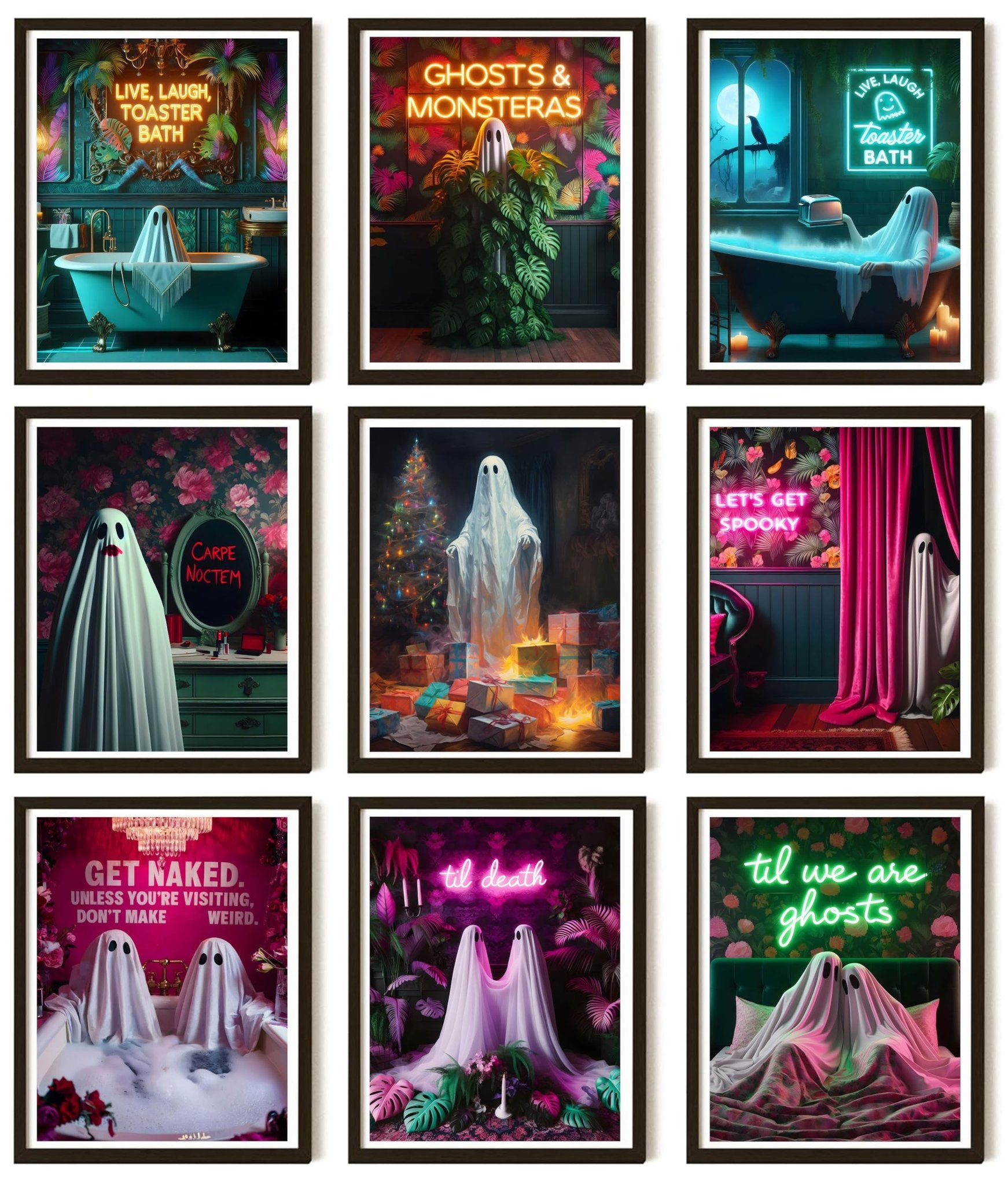 Collage of nine Halloween-themed ghost art prints with neon text and gothic romantic imagery.
