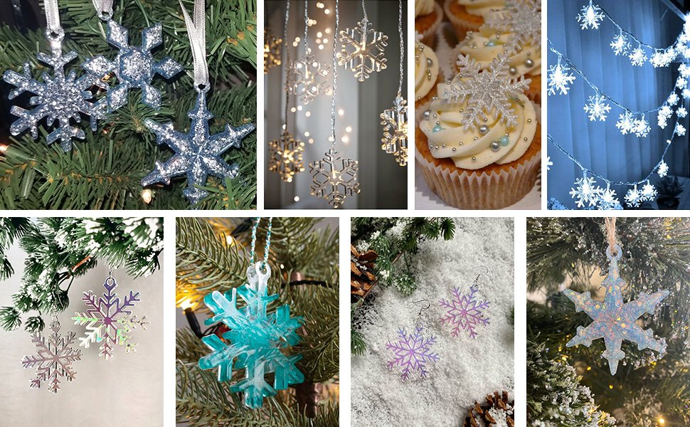 Collage of various snowflake ornaments and decorations for Christmas and DIY crafts.