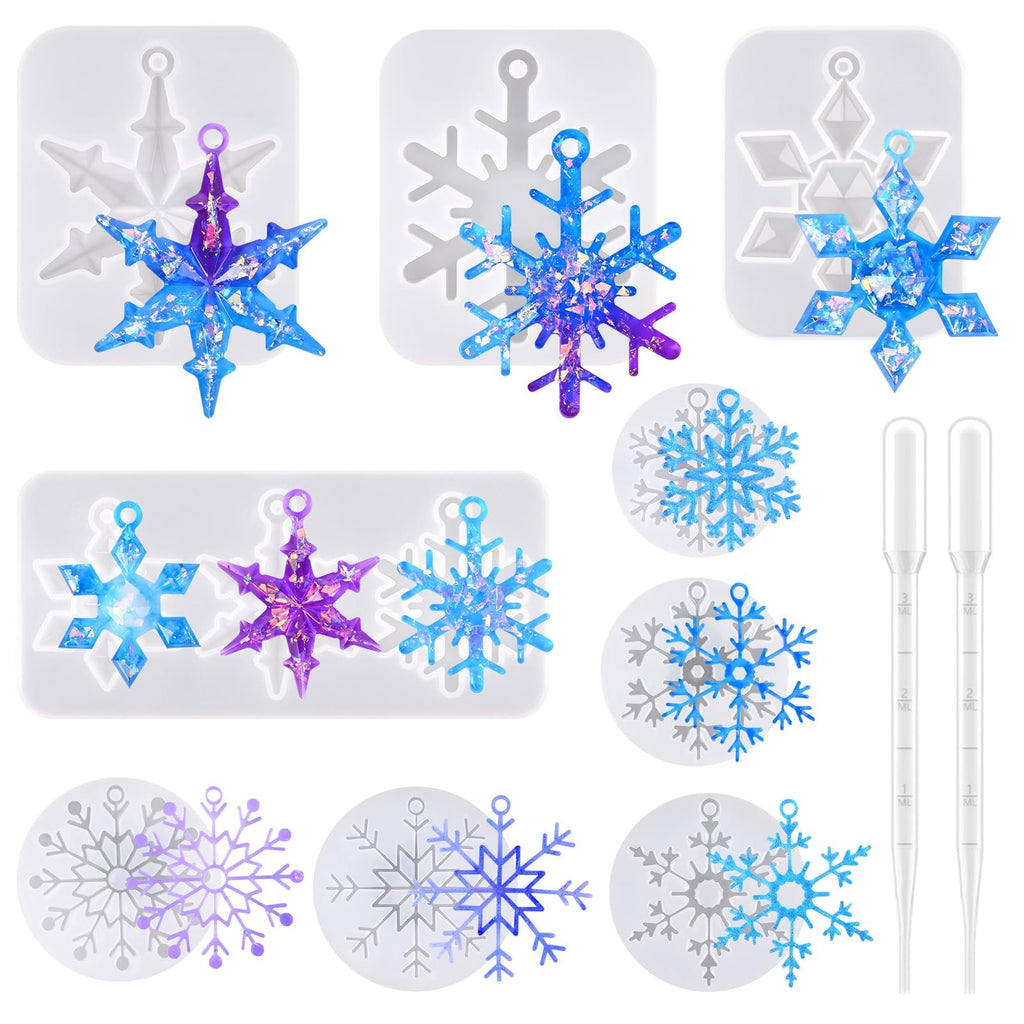 Silicone snowflake resin molds and finished glitter snowflake ornaments with pipettes