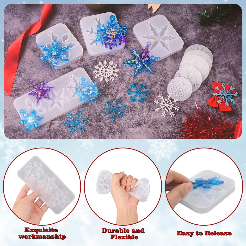 Snowflake silicone resin molds and finished ornaments on a textured surface with red ribbon and tinsel.