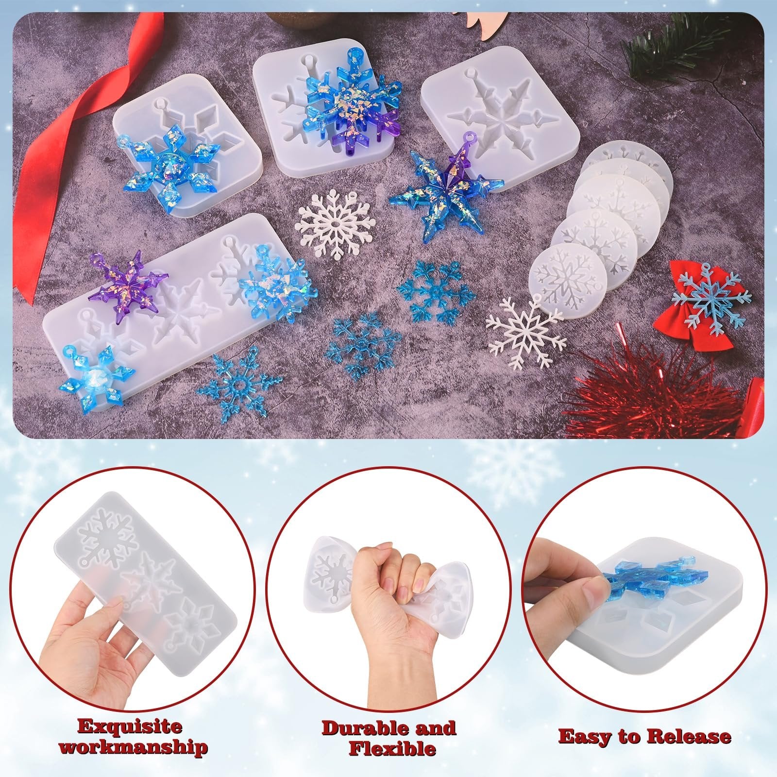 Snowflake silicone resin molds and finished ornaments on a textured surface with red ribbon and tinsel.