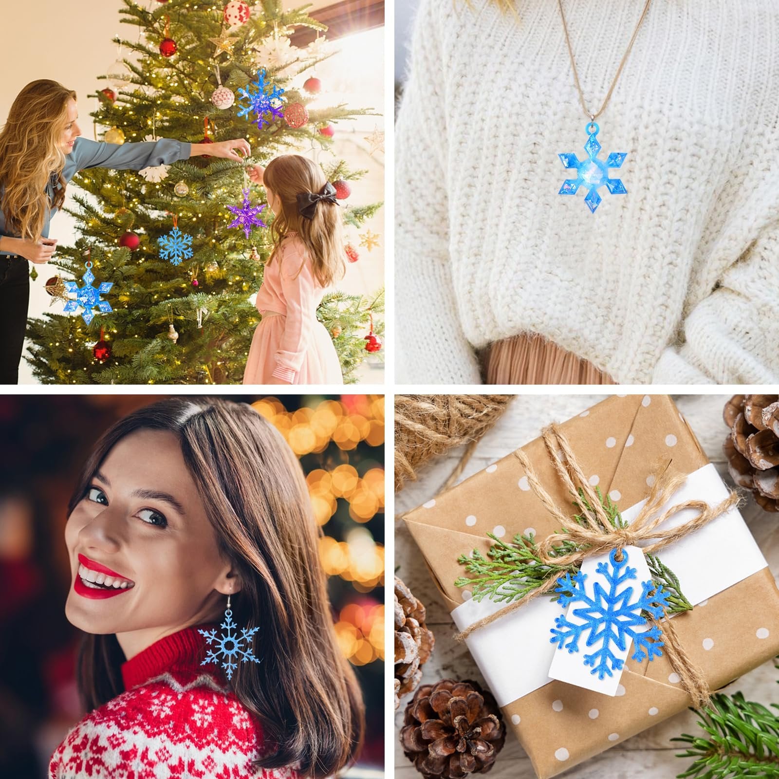 Collage of snowflake ornaments: woman and child decorating Christmas tree, snowflake necklace, woman wearing snowflake earrings, and gift box with snowflake tag.