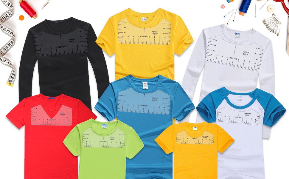 Assorted t-shirts with ruler alignment guides printed on the chest area, arranged in a collage with sewing notions.