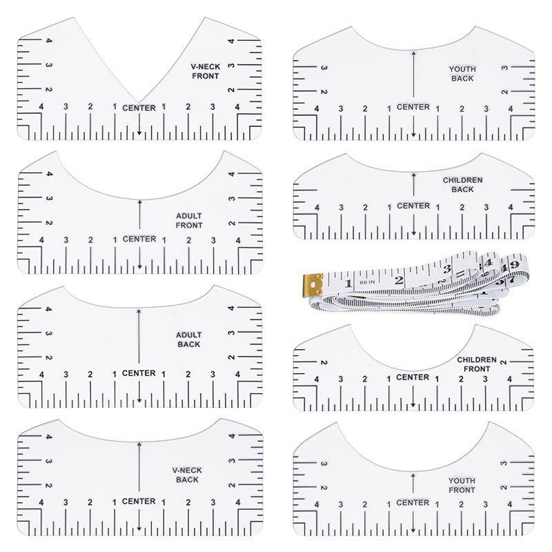 Set of 8 clear plastic t-shirt ruler alignment guides and one white measuring tape on a white background.