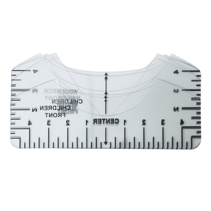 Clear PVC t-shirt ruler alignment tool with measurement markings and text for centering designs on apparel.