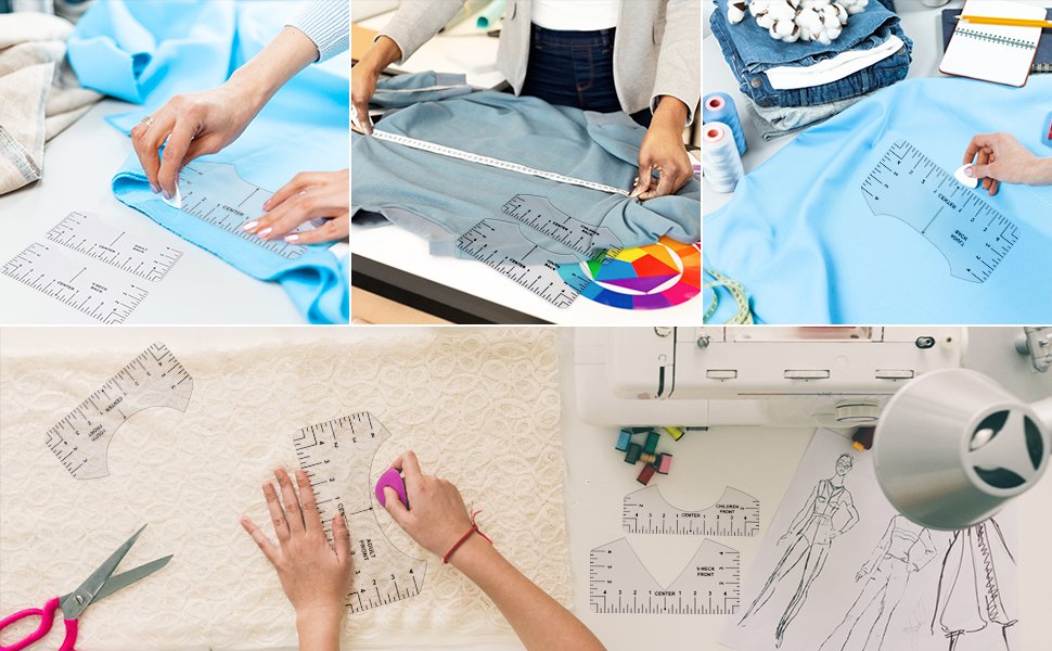 Collage of hands using t-shirt ruler alignment tools on fabric and paper for sewing projects