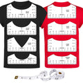 T-shirt ruler alignment set with four rulers on black and red shirts, plus a measuring tape.