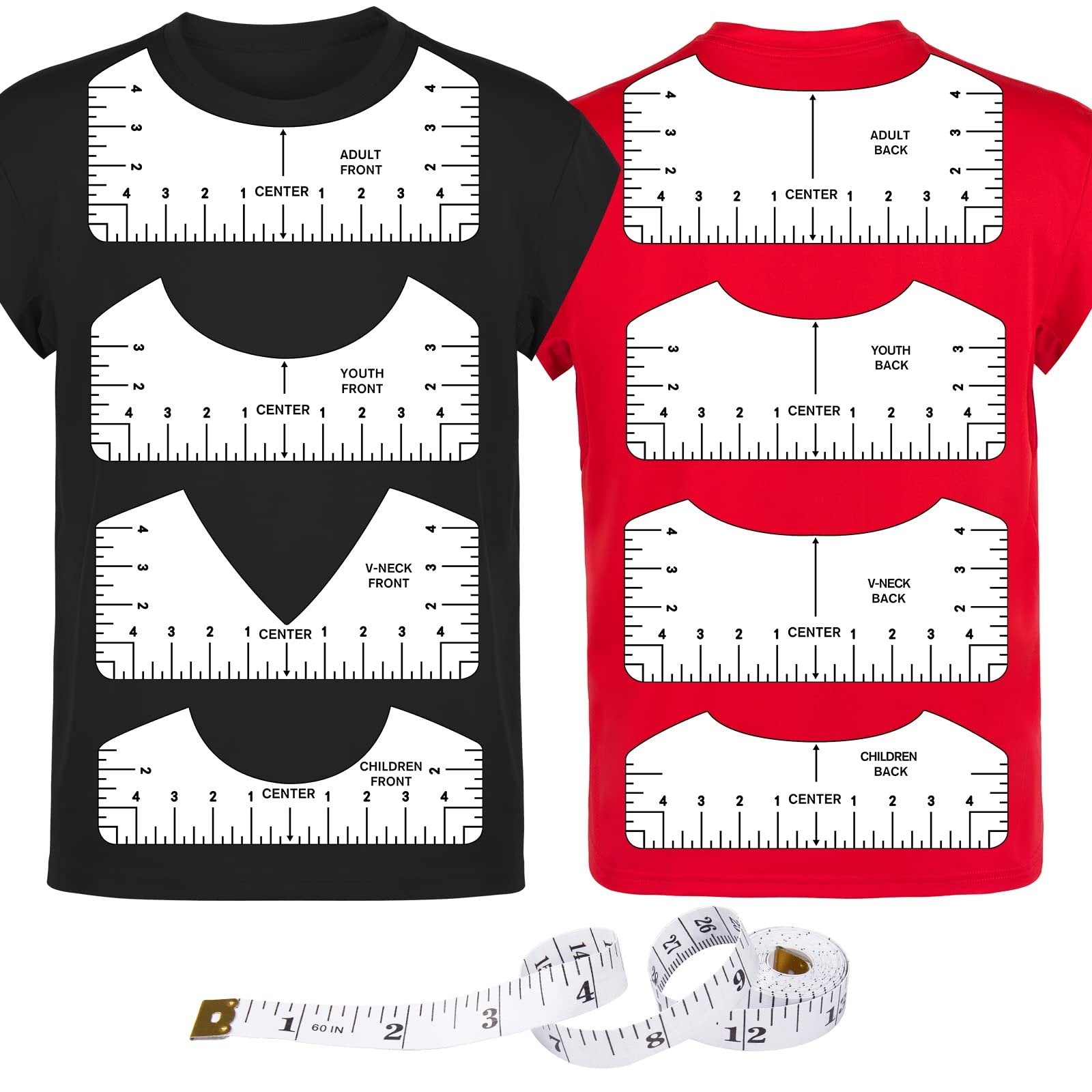 T-shirt ruler alignment set with four rulers on black and red shirts, plus a measuring tape.