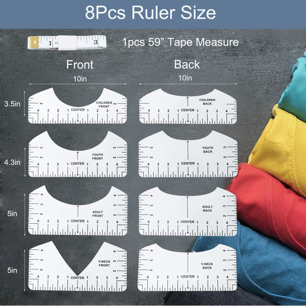 T-shirt ruler alignment set with measuring tape, showing front and back rulers for children, youth, adult, and V-neck styles.