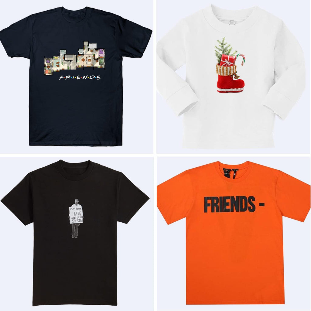 Four t-shirts displayed, one navy with apartment layout and Friends logo, one white with Christmas stocking graphic, one black with protest sign graphic, and one orange with Friends logo.