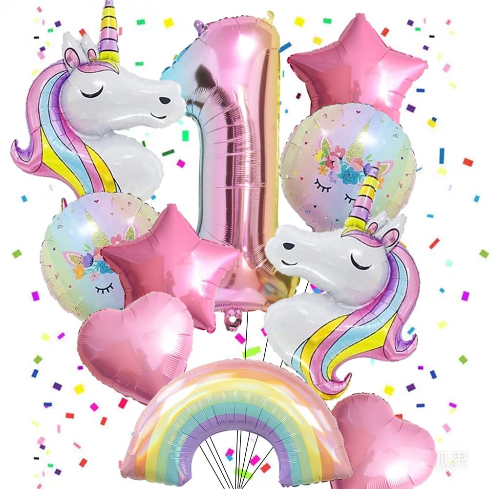 9-piece unicorn and number 1 foil balloon set with stars, hearts, and rainbow balloons.