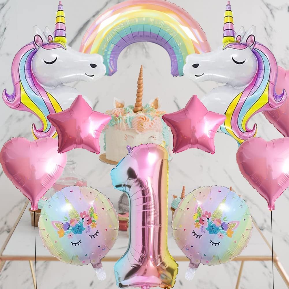 Unicorn and rainbow foil balloon set with cake, stars, hearts, and number 1 balloon.
