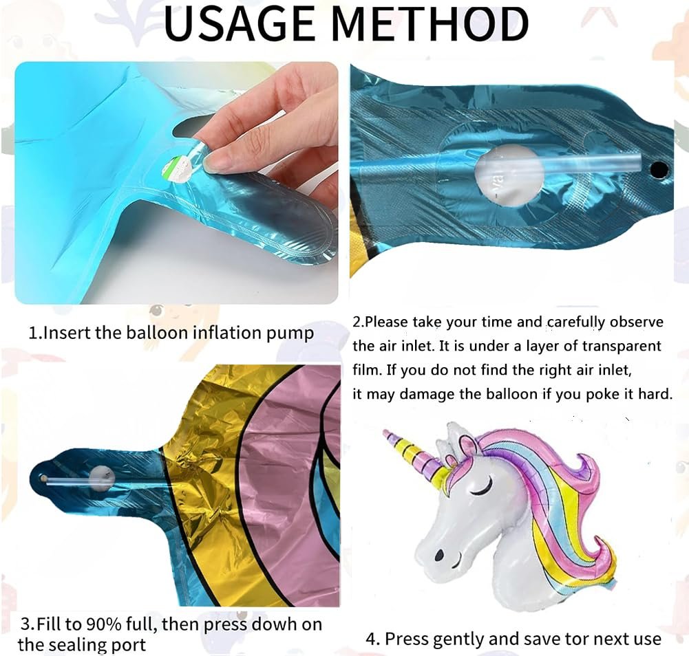 Four-panel infographic showing how to inflate unicorn balloons, with close-ups of the inflation valve and a finished unicorn balloon.