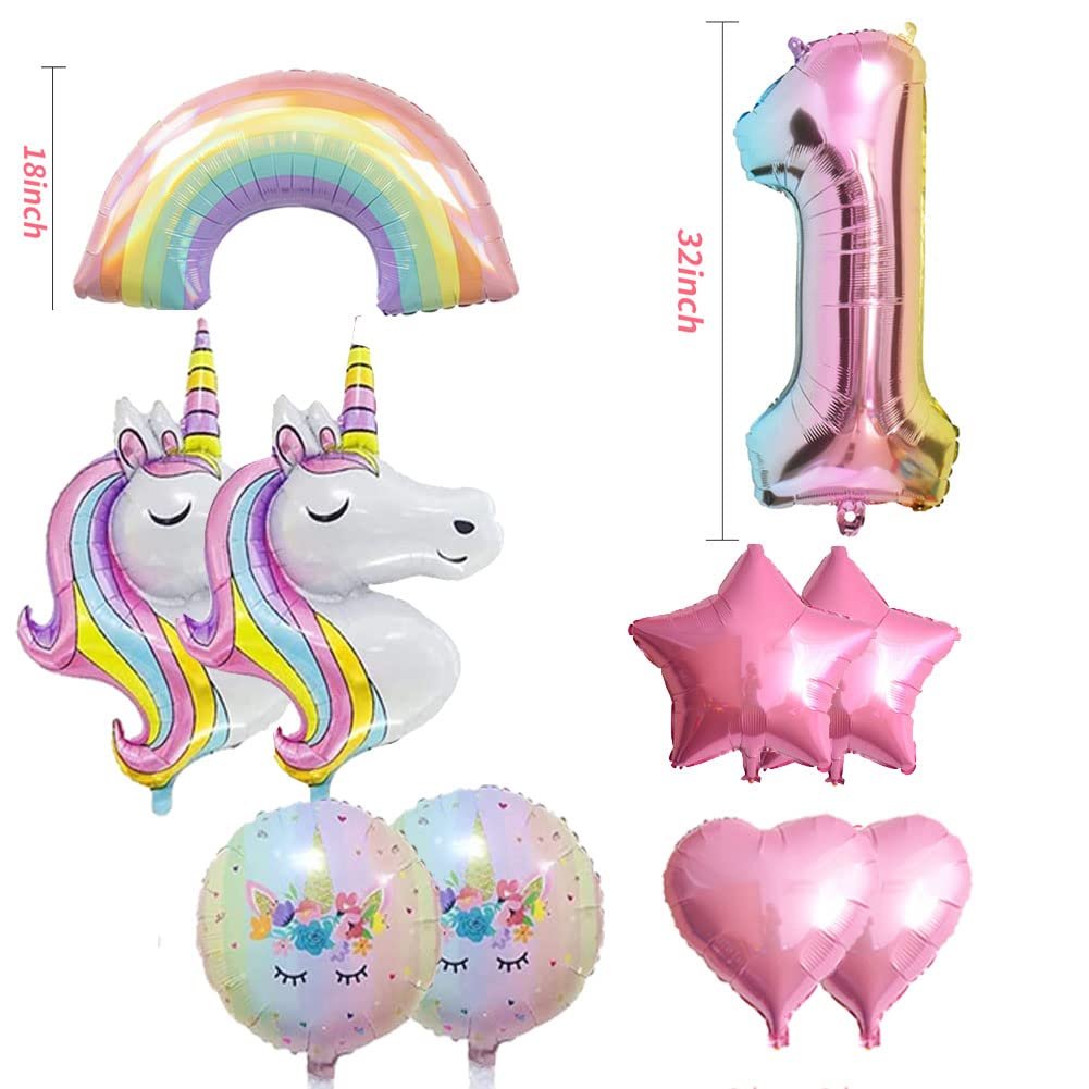 Set of nine unicorn and rainbow foil balloons including a large rainbow, two unicorns, a number 1, two stars, two hearts, and two round balloons with unicorn faces.
