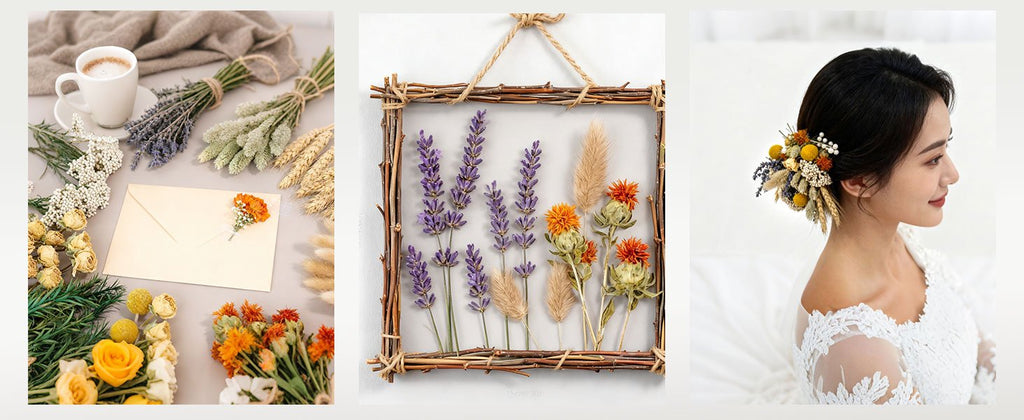 Assortment of dried flowers and crafts including a coffee cup, envelope, framed floral art, and a hair accessory on a bride