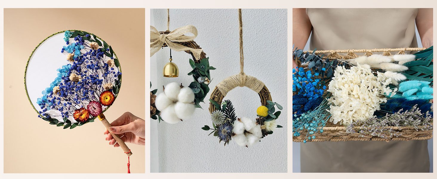 Collage of dried flower crafts: a fan decorated with blue and orange flowers, two small wreaths with cotton and greenery, and a basket of assorted dried flowers.