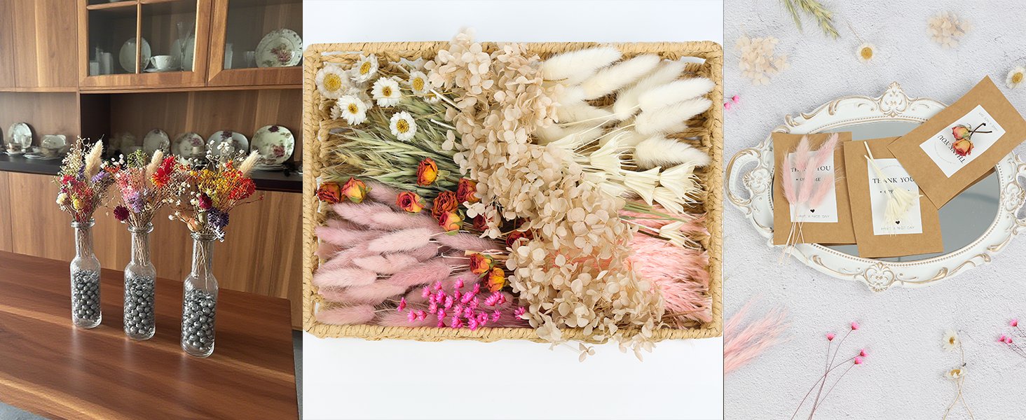 Collage of dried flower arrangements: three bouquets in glass vases, a basket of assorted dried flowers, and thank you cards with dried flowers.
