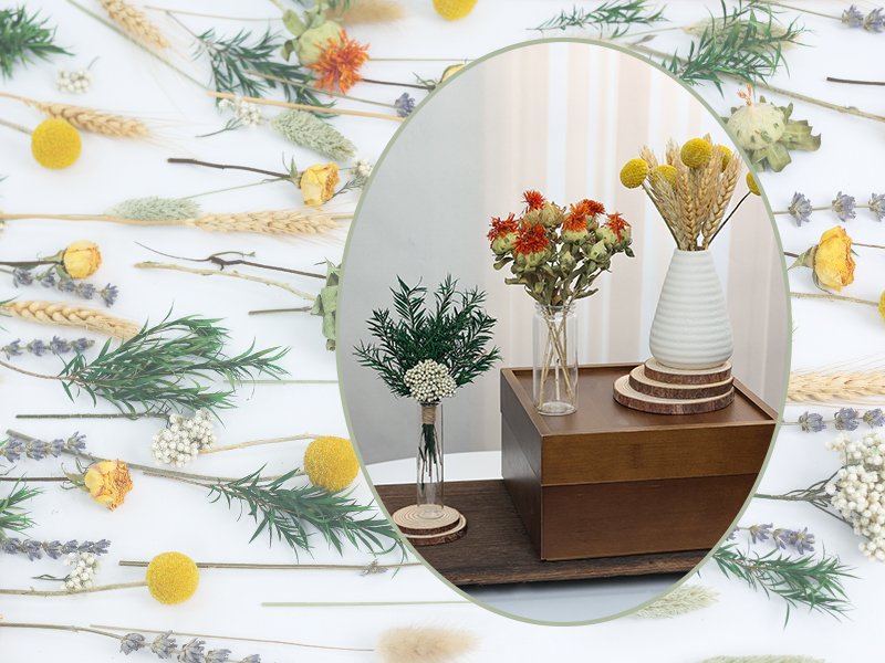 Assortment of dried flowers and grasses arranged on a white background, with an inset oval showing three small bouquets in vases on a wooden box.