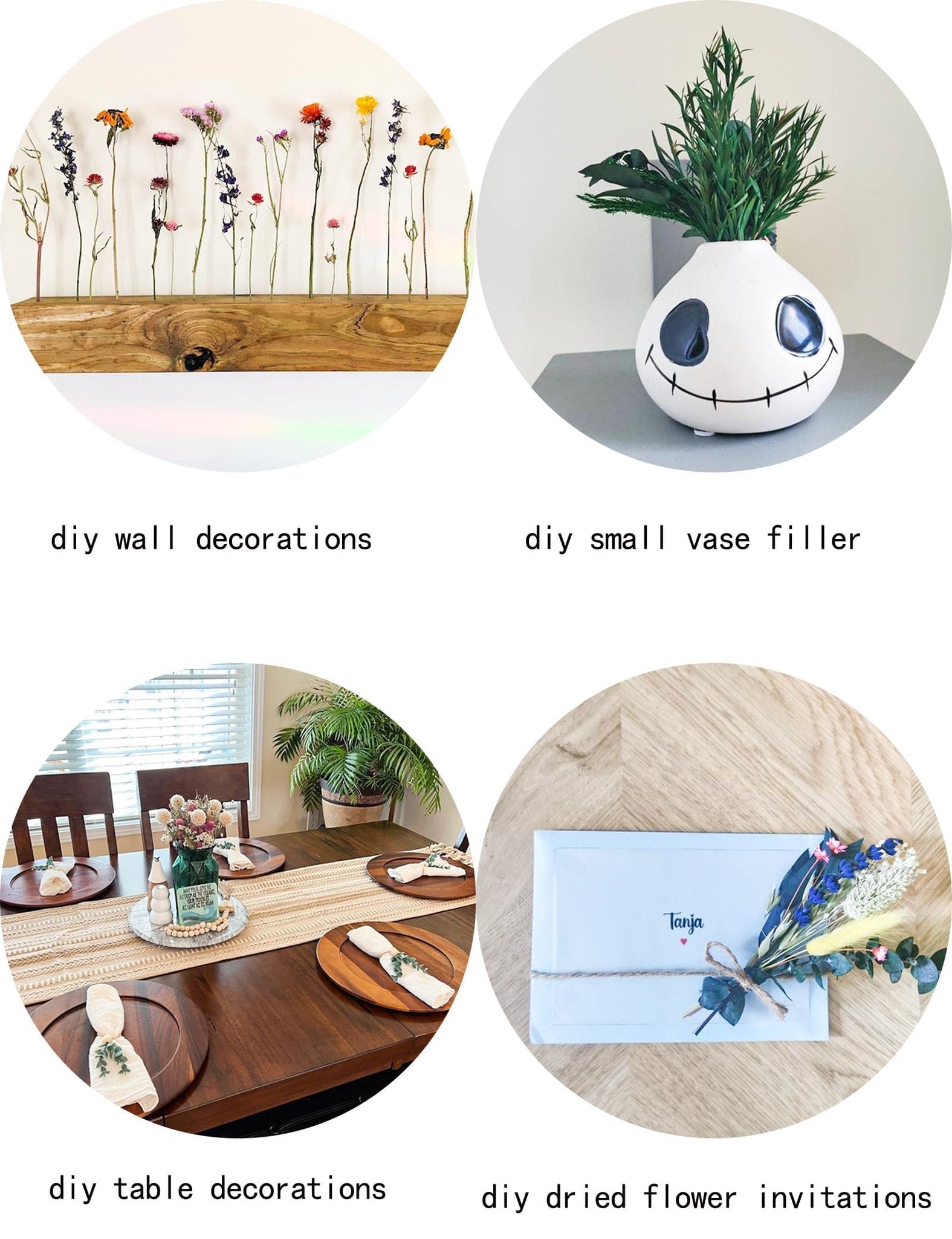 Collage of four circular images showing dried flowers used for DIY decor: wall art, vase filler, table settings, and invitations.
