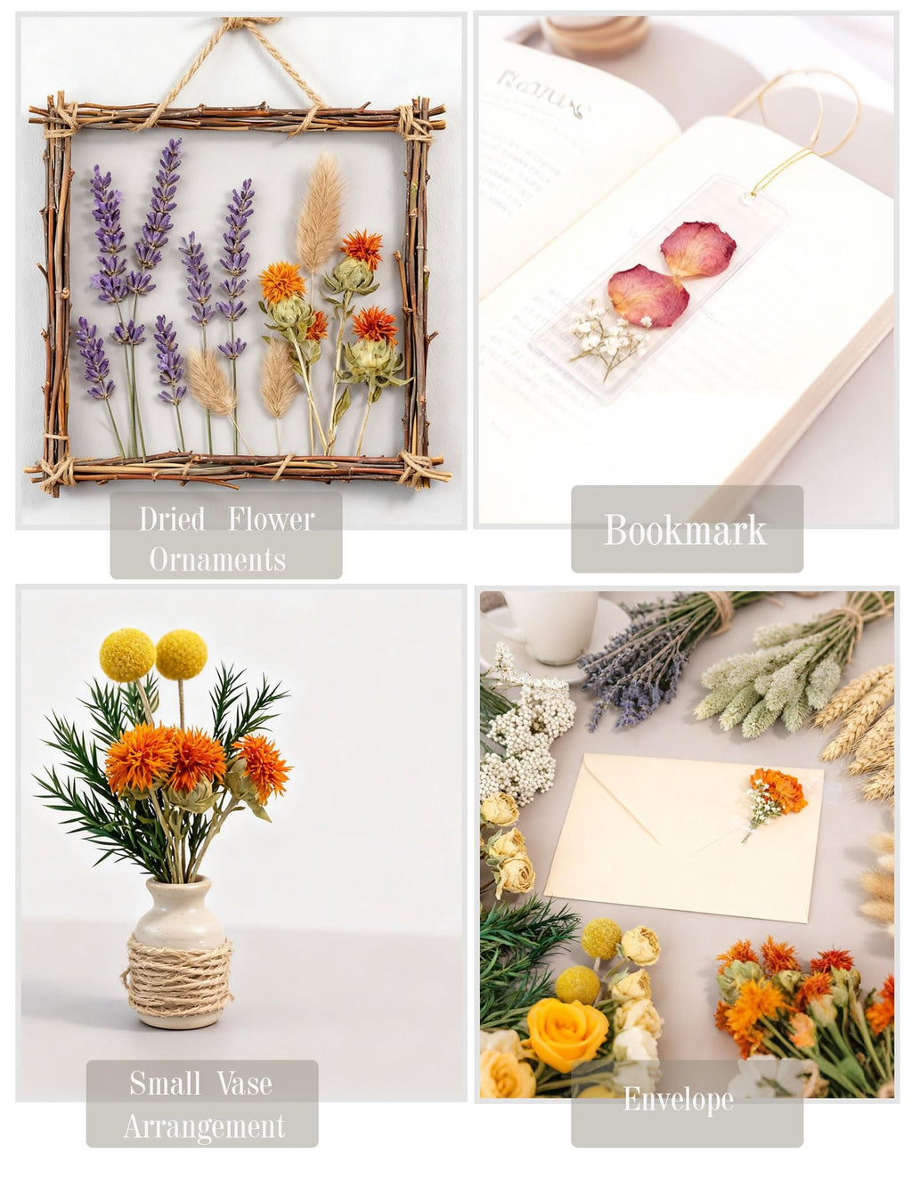 Collage of dried flower crafts: ornament, bookmark, vase arrangement, and envelope decor