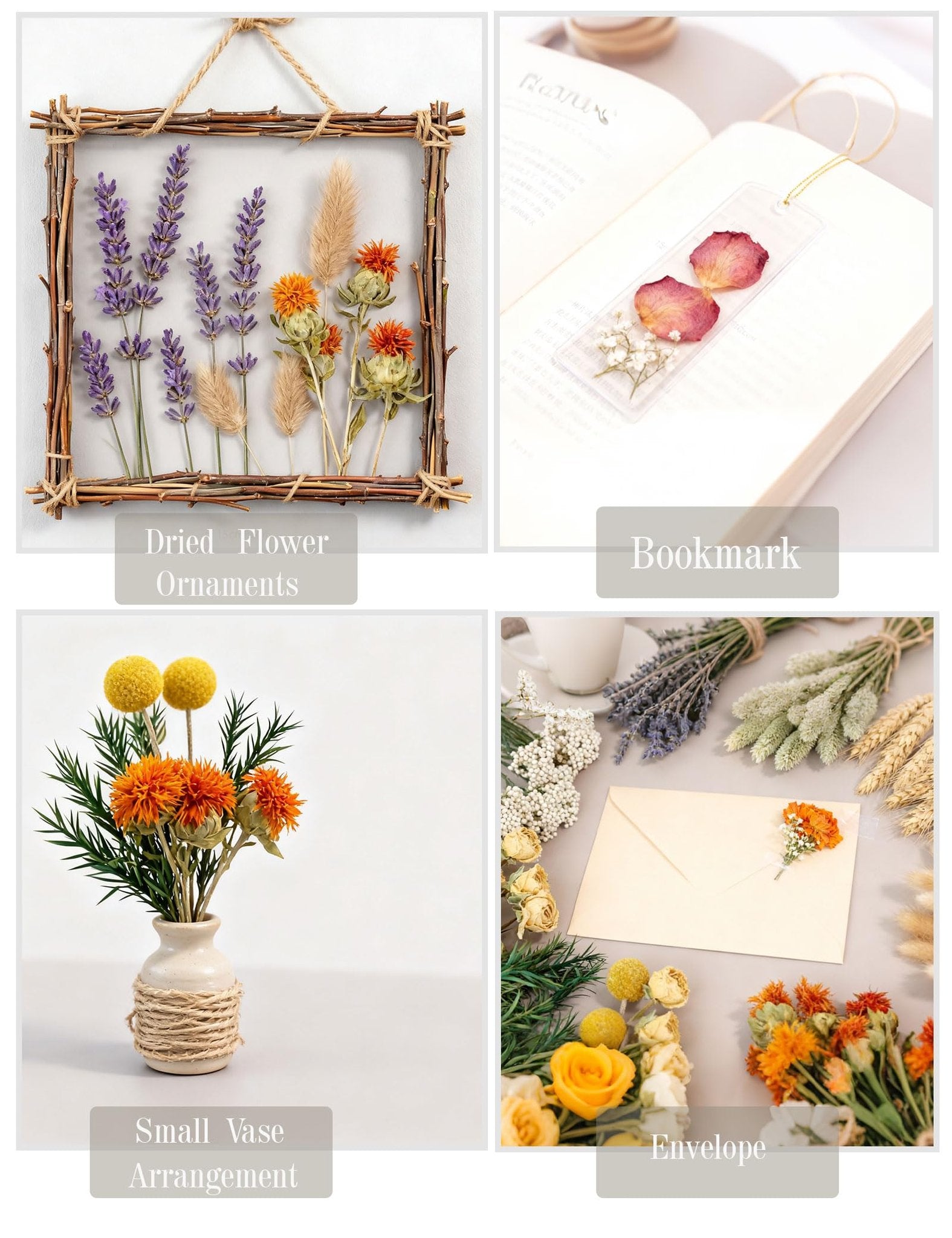 Collage of dried flower crafts: ornament, bookmark, vase arrangement, and envelope decor