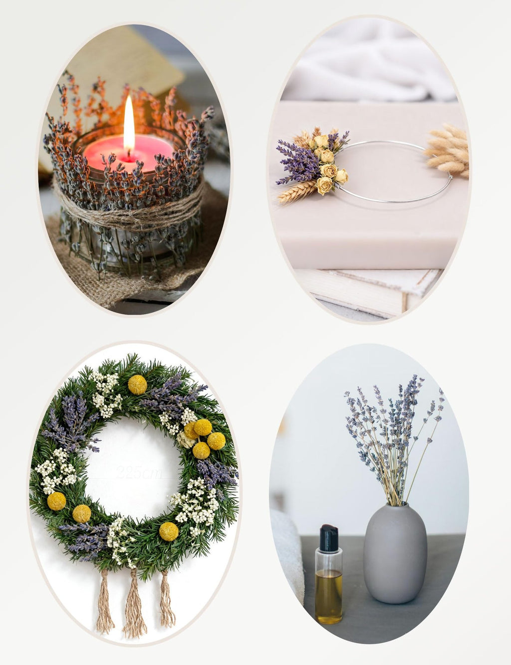 Collage of four oval images showing dried flower crafts: a lit candle decorated with lavender, a floral bracelet on a book, a green wreath with yellow and purple flowers, and dried lavender in a vase.