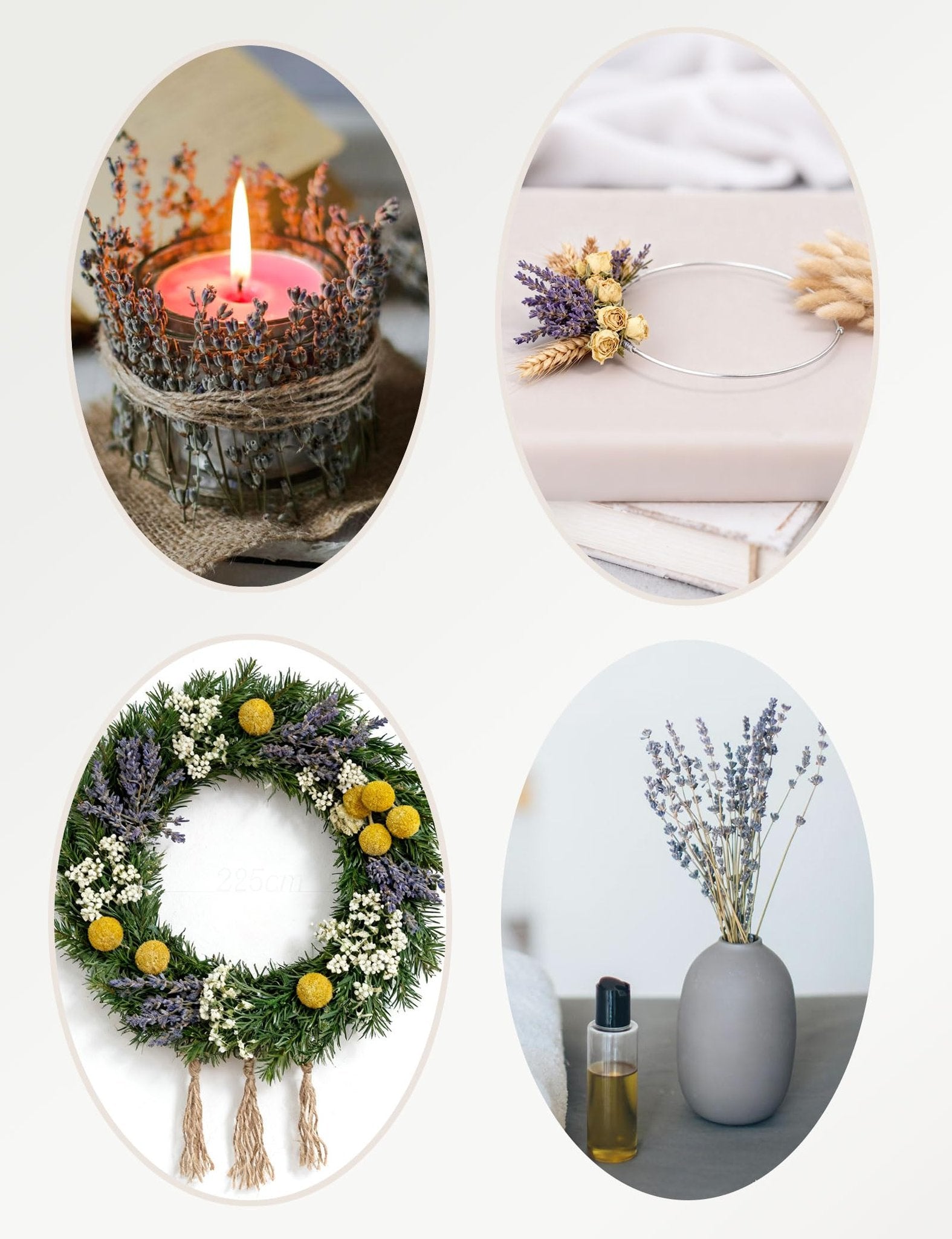 Collage of four oval images showing dried flower crafts: a lit candle decorated with lavender, a floral bracelet on a book, a green wreath with yellow and purple flowers, and dried lavender in a vase.