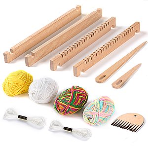 Wooden weaving loom kit with yarn balls, shuttle bars, comb, and heald bar on white background.