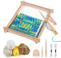 Wooden weaving loom kit with colorful yarn, shuttle bars, comb, and instructions on white background