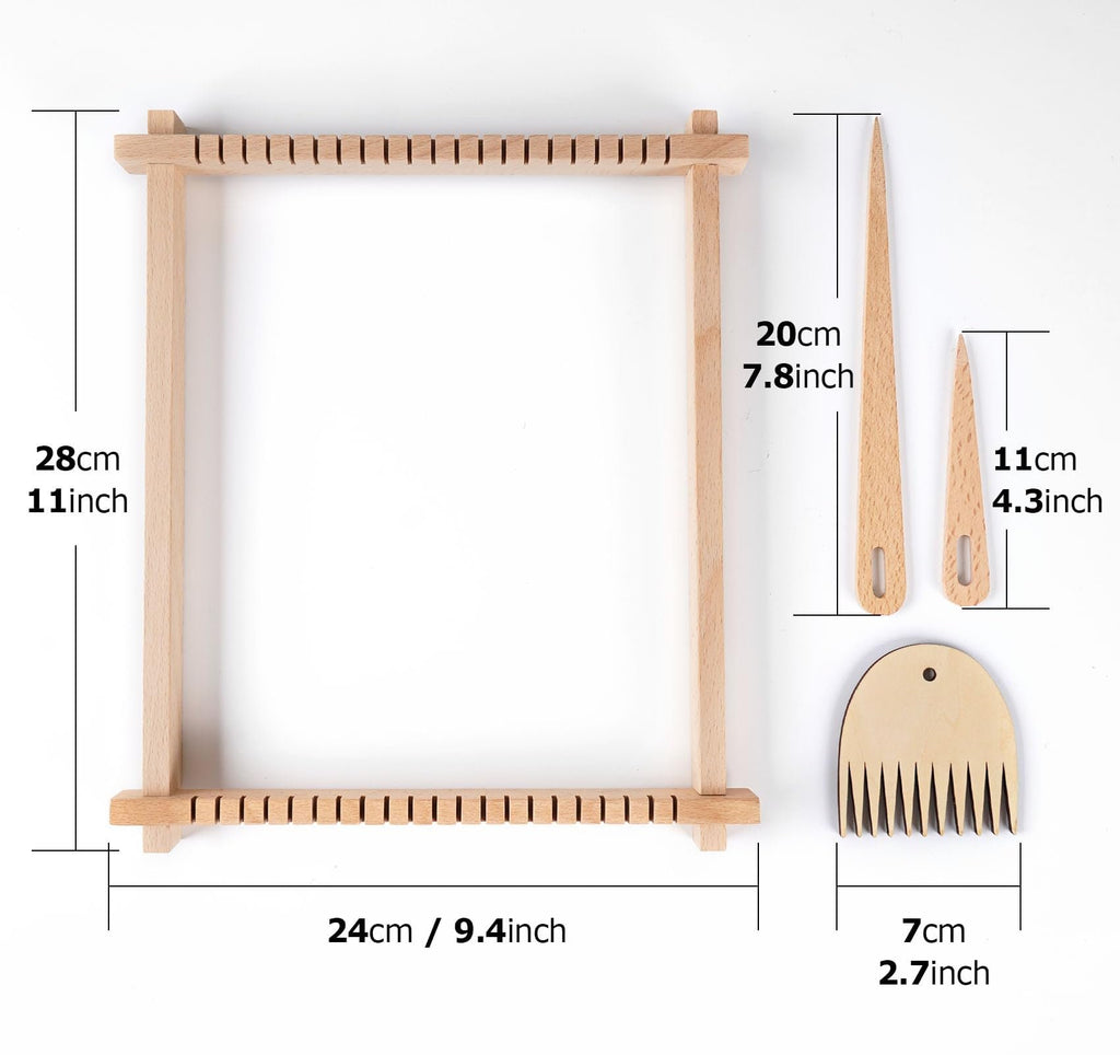 Wooden weaving loom kit with dimensions shown, including shuttle bars and a comb tool.