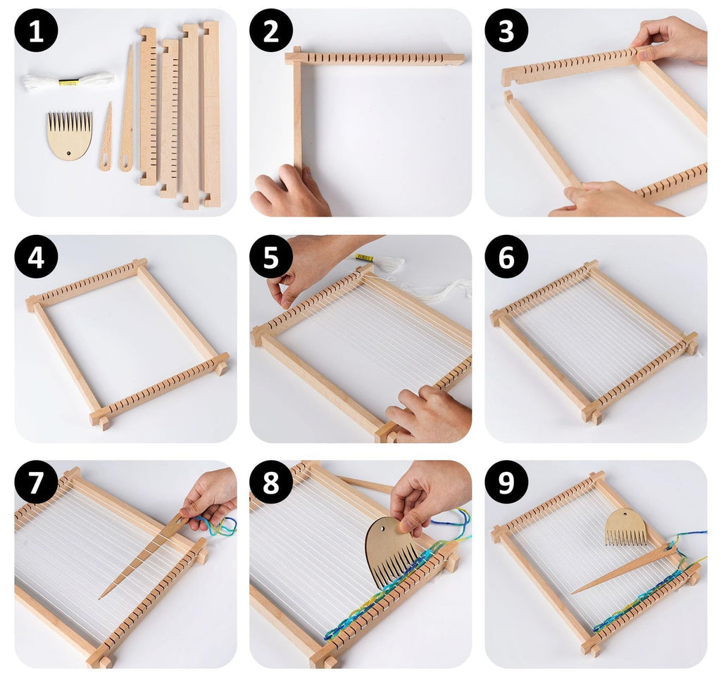Collage of 9 images showing steps to assemble and use a wooden weaving loom kit.