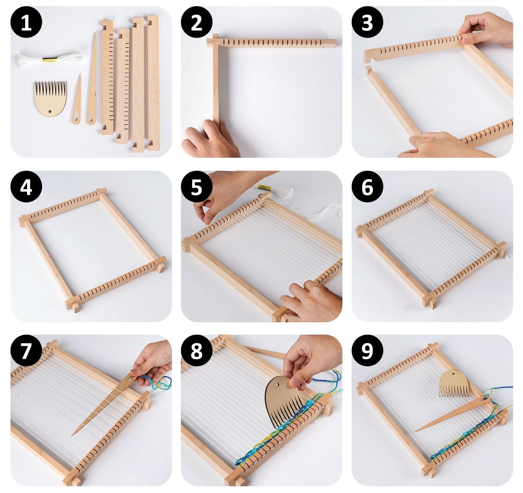 Collage of 9 images showing steps to assemble and use a wooden weaving loom kit.