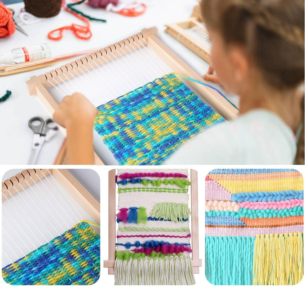 Wooden weaving loom kit with colorful yarn projects shown in multiple close-up views.
