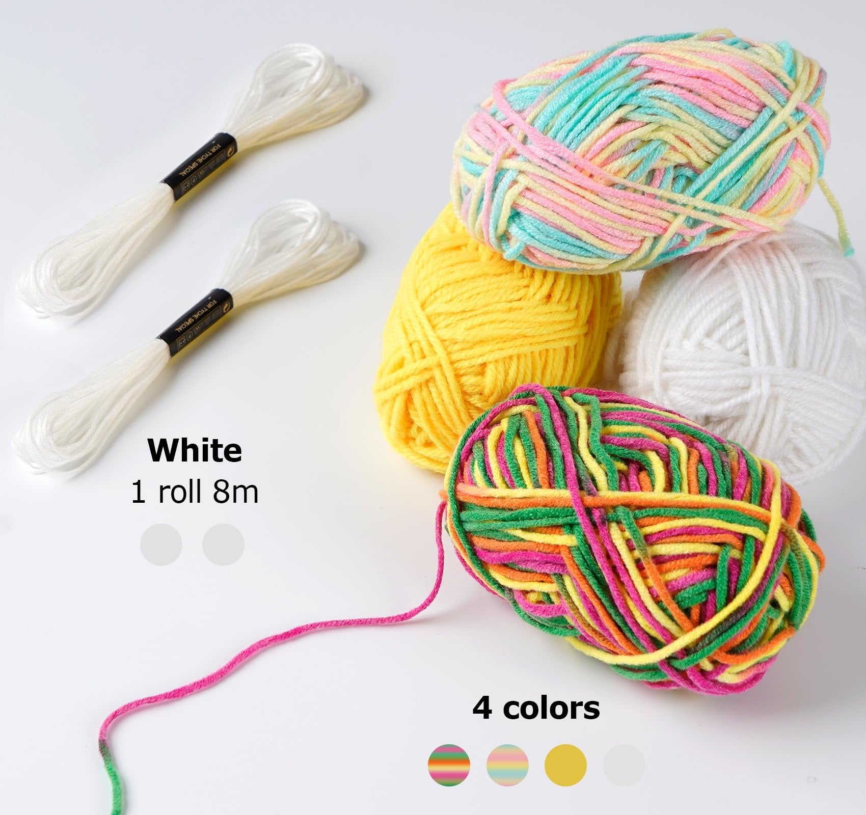 Assortment of yarn balls and white embroidery floss on a white background.